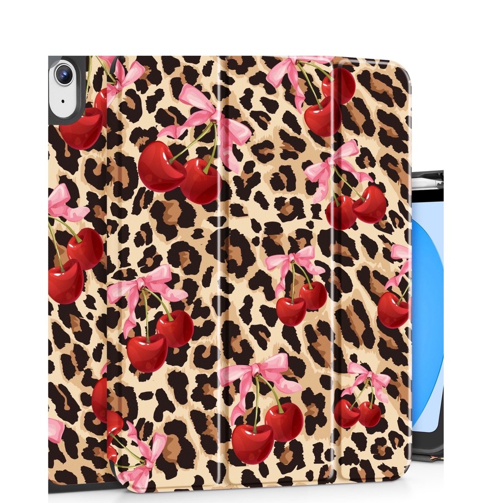 May Chen iPad Air 13 Inch Case M4 M2 Leopard Cherry Bow Print Folio Stand Cover